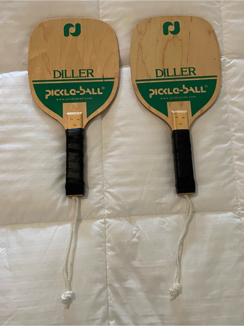 Pair Diller Pickle-Ball Wooden Paddles Vintage Style 7-Ply Wood Wrist Straps
